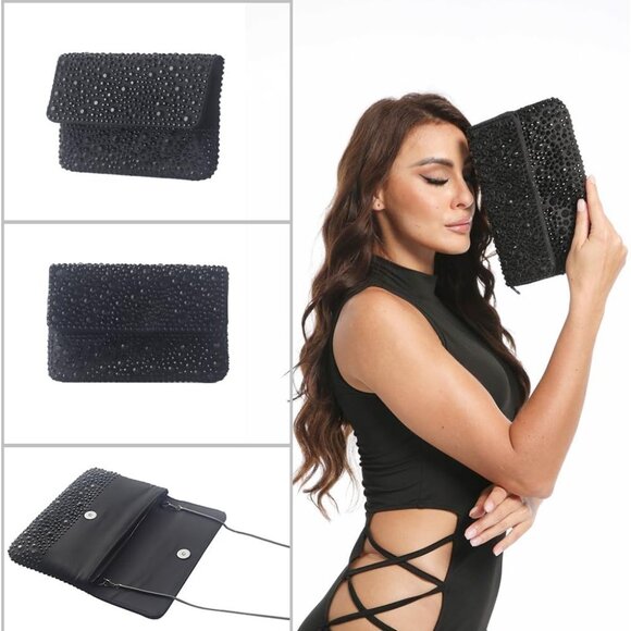⚡ Women's Sparkling Black Evening Rhinestone Shoulder Chain Crystal Clutch Bag - Picture 2 of 6